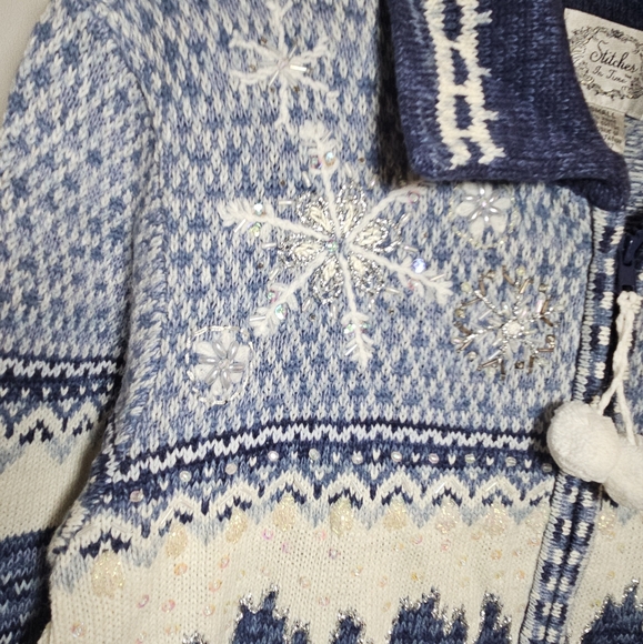 Snowflake Embellished Sequins Sweater Zip Cardigan Blue White Fairisle Winter - Picture 8 of 13